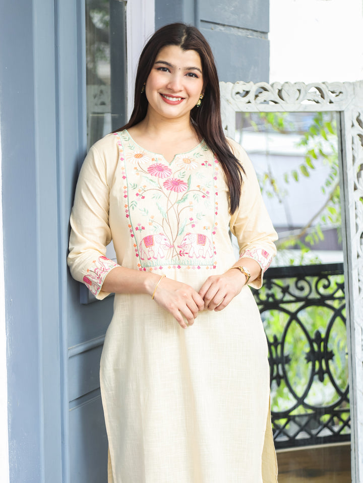 Kashish Beige Thread Embroidered Cotton Kurti