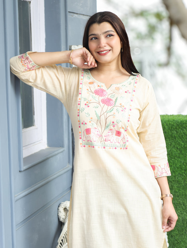 Kashish Beige Thread Embroidered Cotton Kurti