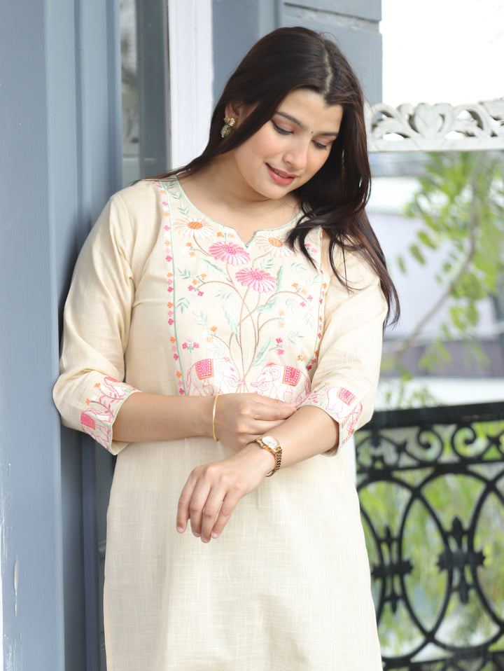 Kashish Beige Thread Embroidered Cotton Kurti