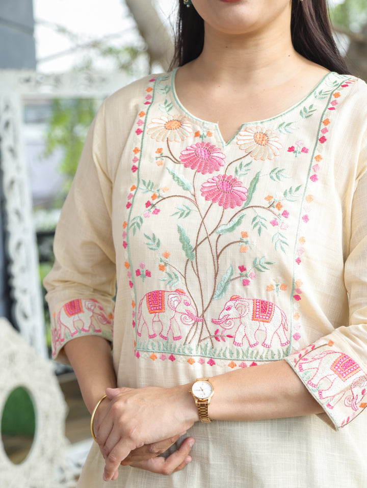 Kashish Beige Thread Embroidered Cotton Kurti