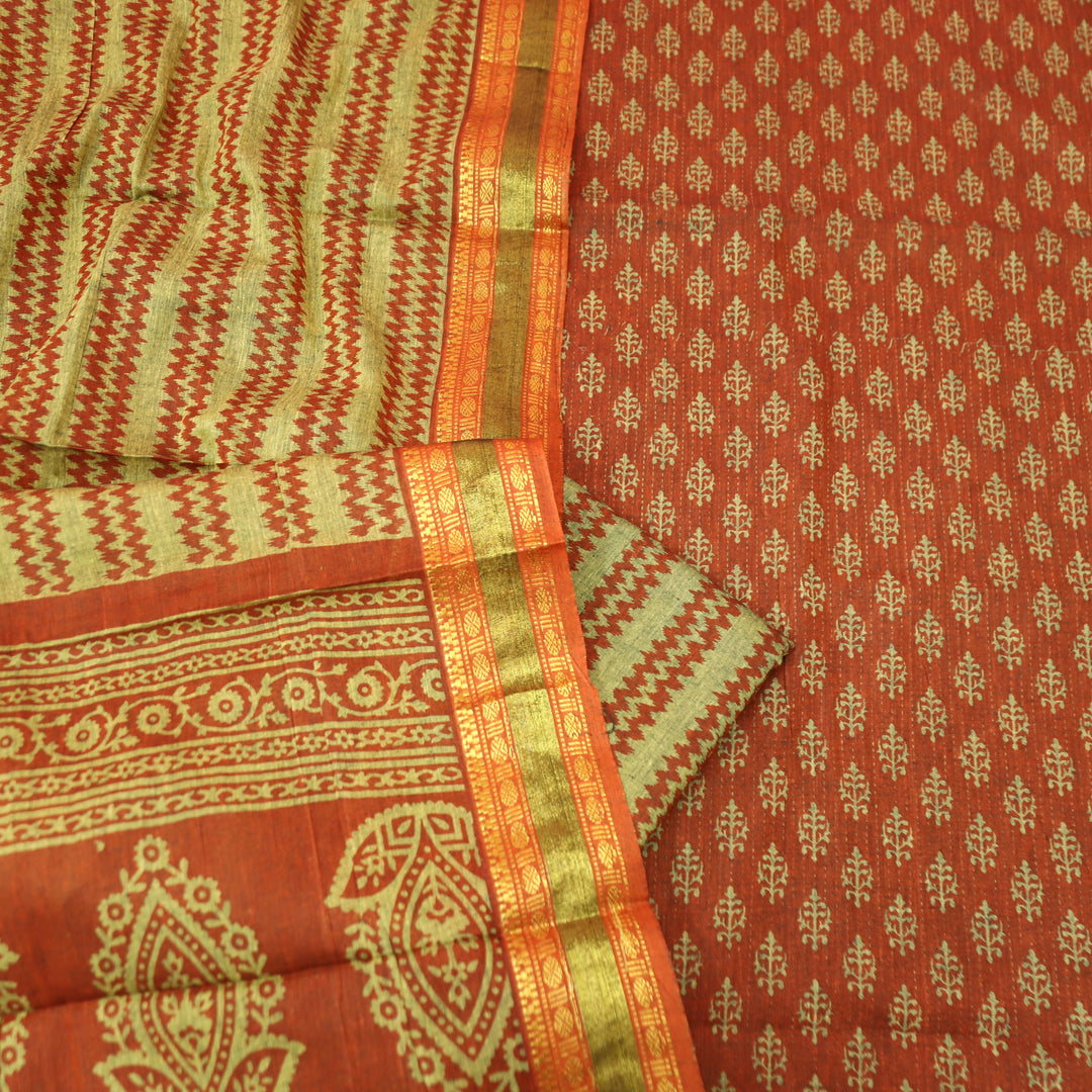 Inaya Tangerine Rust Digital Printed Mangalgiri Hem Work Cotton Suit Set