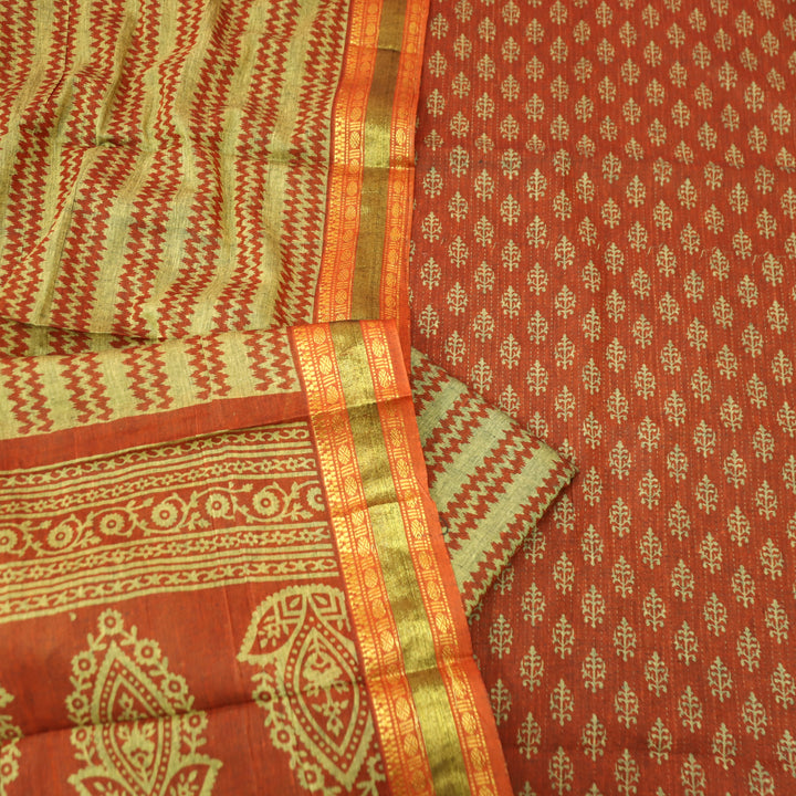 Inaya Tangerine Rust Digital Printed Mangalgiri Hem Work Cotton Suit Set