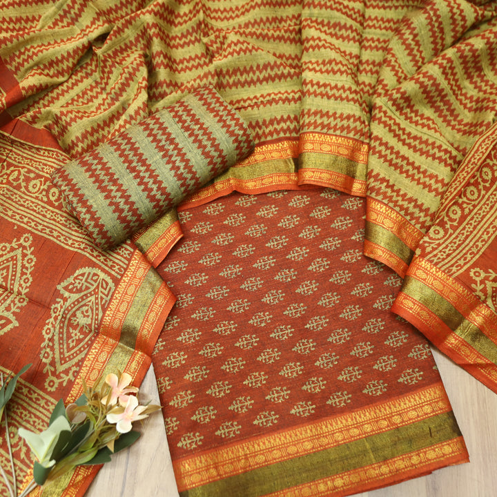 Inaya Tangerine Rust Digital Printed Mangalgiri Hem Work Cotton Suit Set
