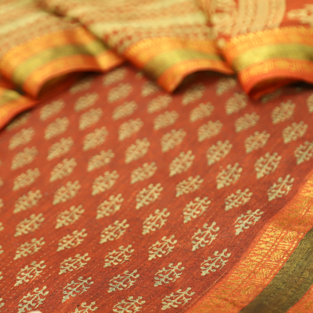 Inaya Tangerine Rust Digital Printed Mangalgiri Hem Work Cotton Suit Set