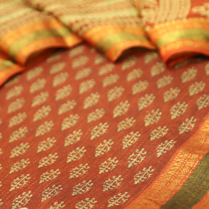 Inaya Tangerine Rust Digital Printed Mangalgiri Hem Work Cotton Suit Set