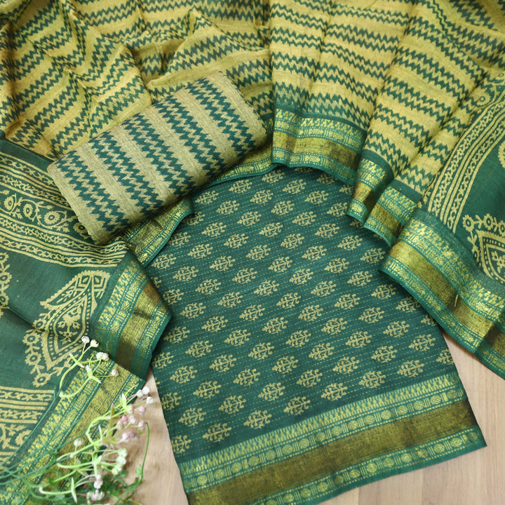 Inaya Emerlad Green Digital Printed Mangalgiri Hem Work Cotton Suit Set