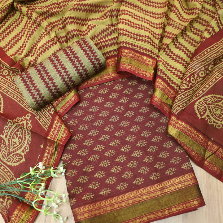 Inaya Deep Wine Digital Printed Mangalgiri Hem Work Cotton Suit Set