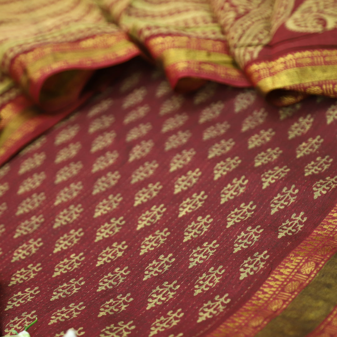 Inaya Deep Wine Digital Printed Mangalgiri Hem Work Cotton Suit Set