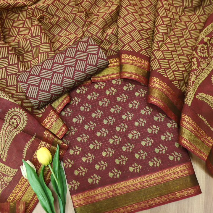 Irha Deep Wine Digital Printed Mangalgiri Hem Work Cotton Suit Set D2