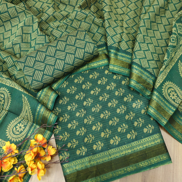 Irha Emerlad Green Digital Printed Mangalgiri Hem Work Cotton Suit Set D2