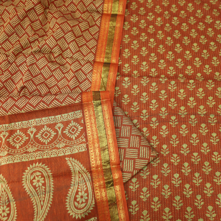 Irha Tangerine Rust Digital Printed Mangalgiri Hem Work Cotton Suit Set D2
