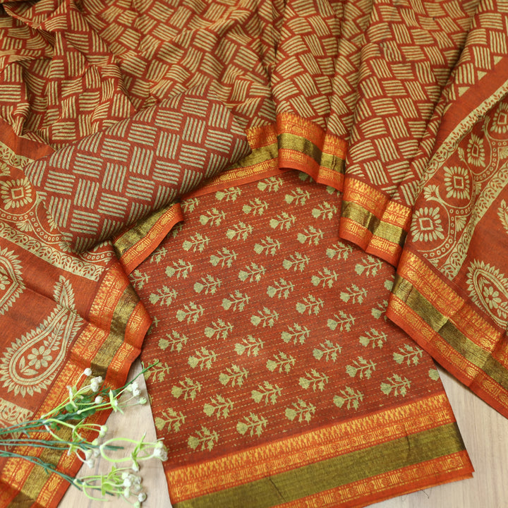 Irha Tangerine Rust Digital Printed Mangalgiri Hem Work Cotton Suit Set D2