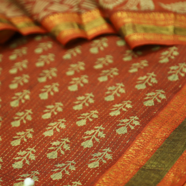 Irha Tangerine Rust Digital Printed Mangalgiri Hem Work Cotton Suit Set D2