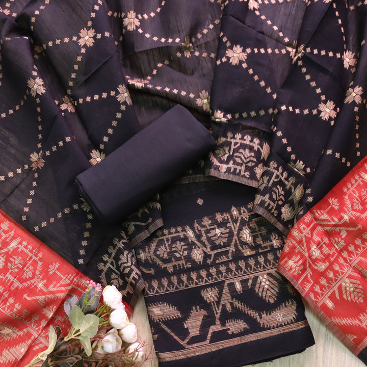 Jannat Raven Black in Zari with Authentic Jamdani Top and Dupatta Suit Set