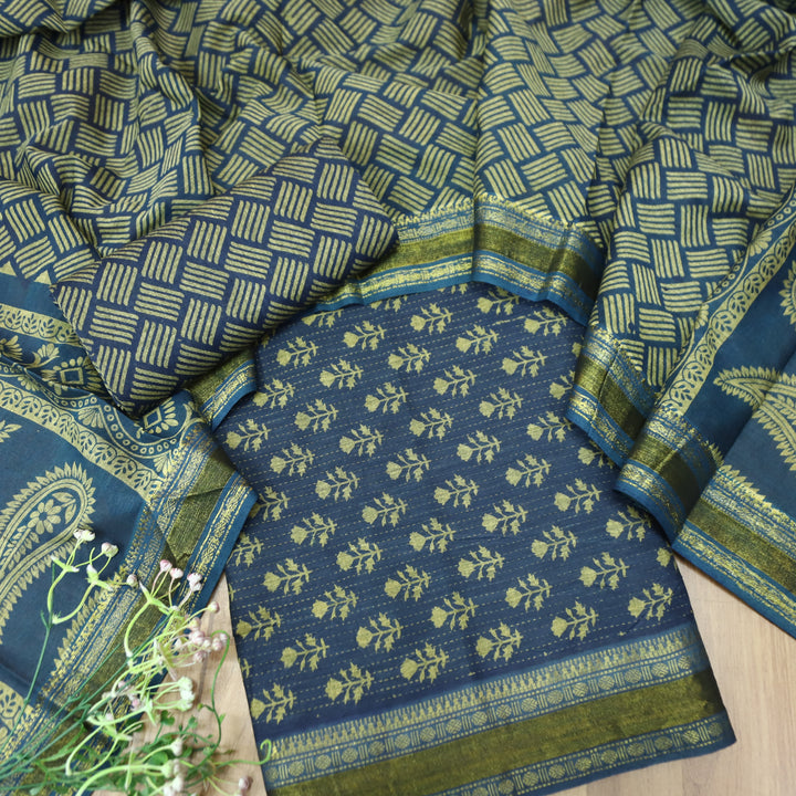 Irha Royal Blue Digital Printed Mangalgiri Hem Work Cotton Suit Set D2