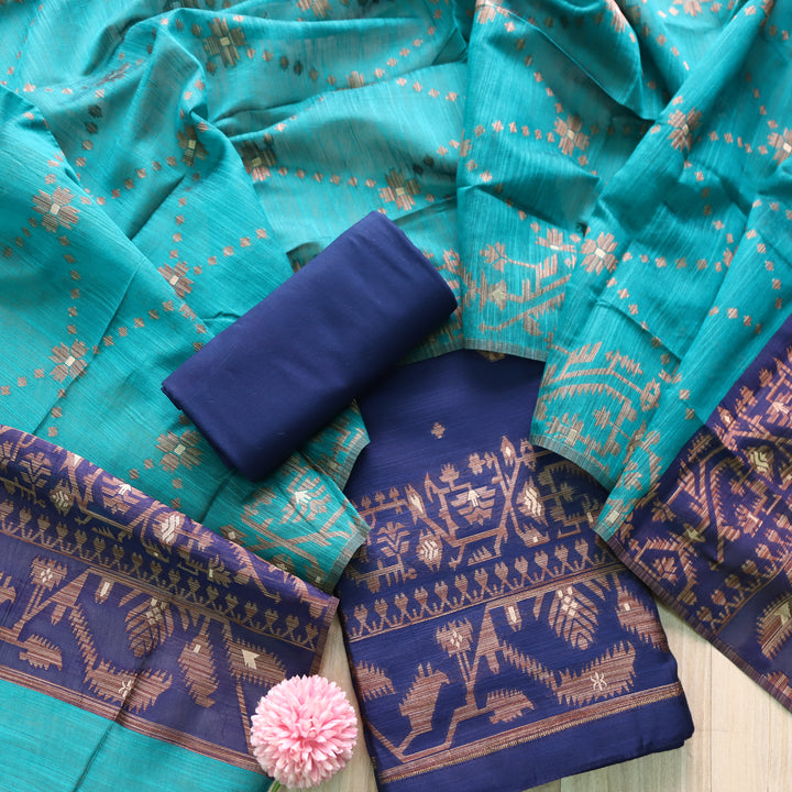 Jannat Peacock Blue in Zari with Authentic Jamdani Top and Dupatta Suit Set
