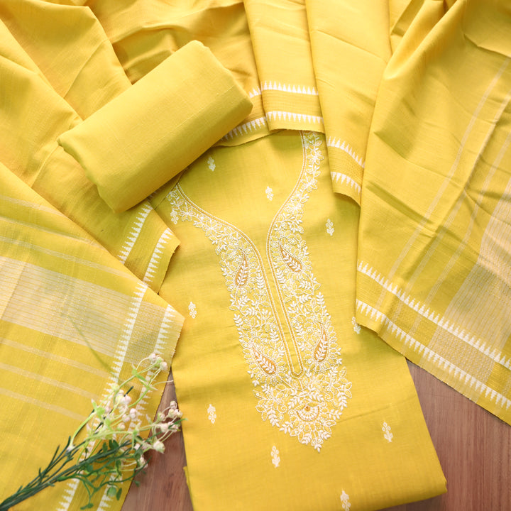 Adaa Corn Yellow Embroidered Neck Handloom Cotton Set