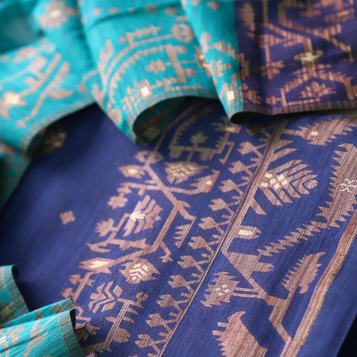 Jannat Peacock Blue in Zari with Authentic Jamdani Top and Dupatta Suit Set