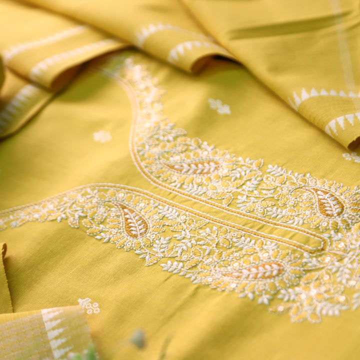 Adaa Corn Yellow Embroidered Neck Handloom Cotton Set
