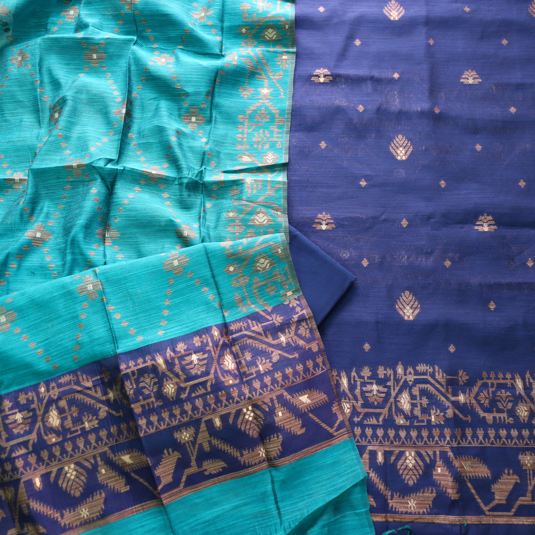 Jannat Peacock Blue in Zari with Authentic Jamdani Top and Dupatta Suit Set