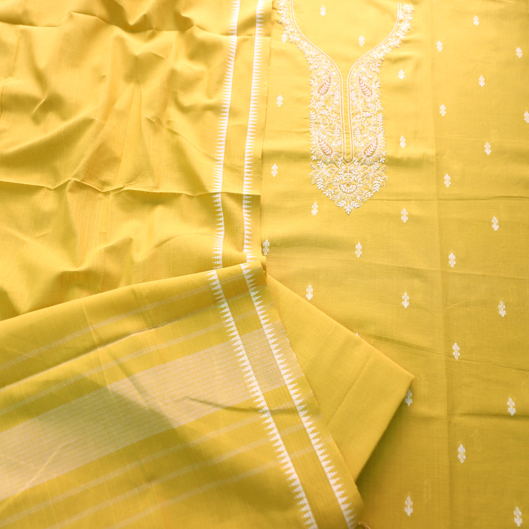 Adaa Corn Yellow Embroidered Neck Handloom Cotton Set