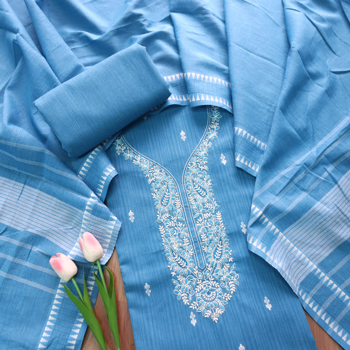 Adaa Sapphire Blue Yellow Embroidered Neck Handloom Cotton Set