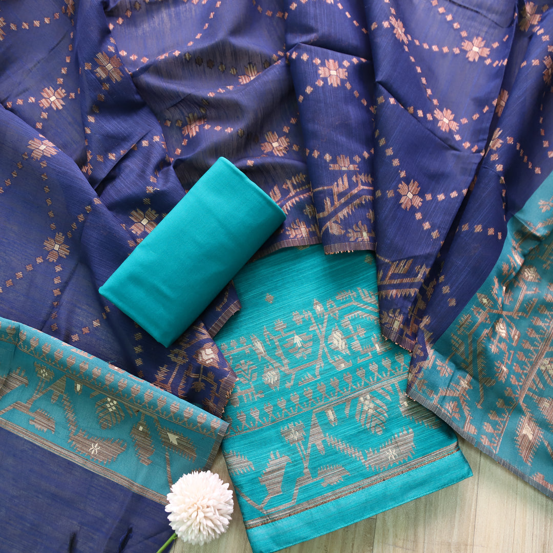 Jannat Teal Blue in Zari with Authentic Jamdani Top and Dupatta Suit Set