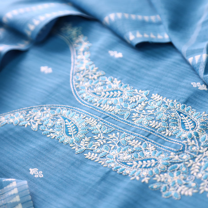 Adaa Sapphire Blue Yellow Embroidered Neck Handloom Cotton Set