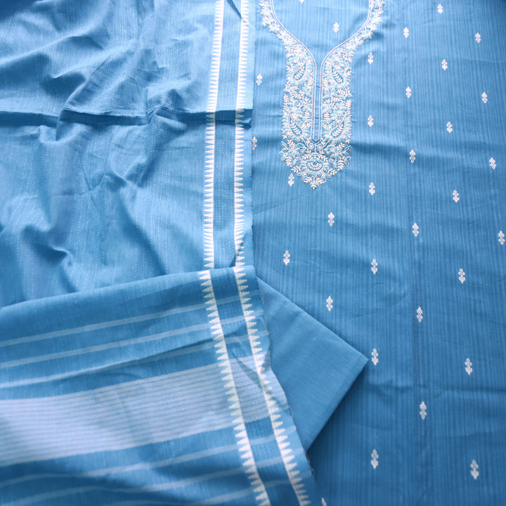 Adaa Sapphire Blue Yellow Embroidered Neck Handloom Cotton Set