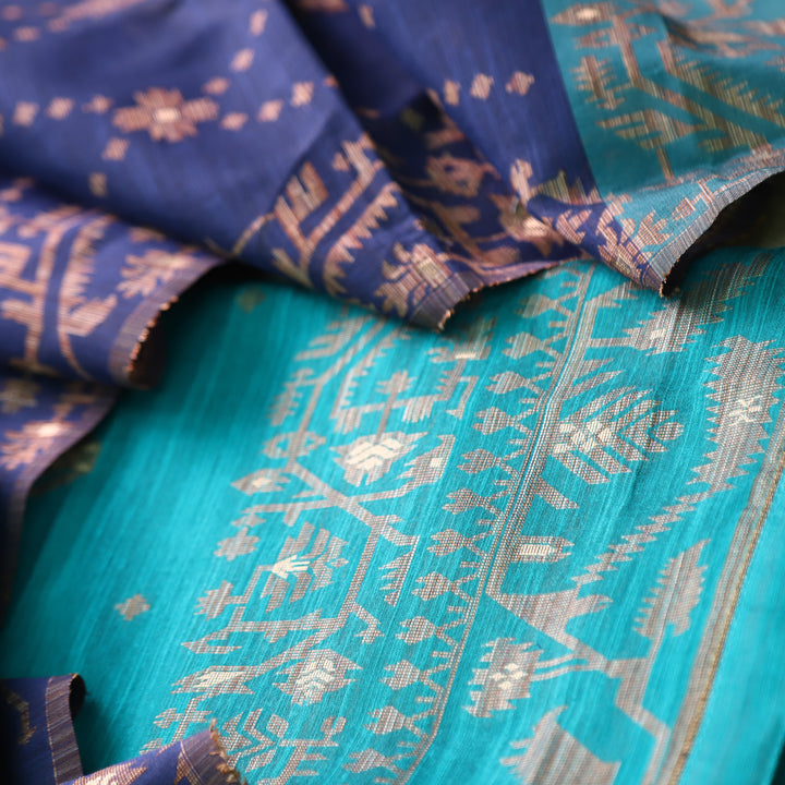 Jannat Teal Blue in Zari with Authentic Jamdani Top and Dupatta Suit Set