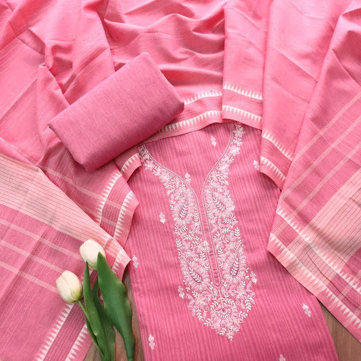 Adaa Flamingo Pink Yellow Embroidered Neck Handloom Cotton Set