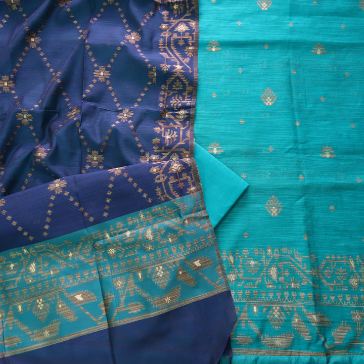 Jannat Teal Blue in Zari with Authentic Jamdani Top and Dupatta Suit Set