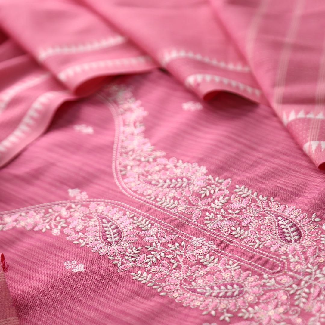 Adaa Flamingo Pink Yellow Embroidered Neck Handloom Cotton Set