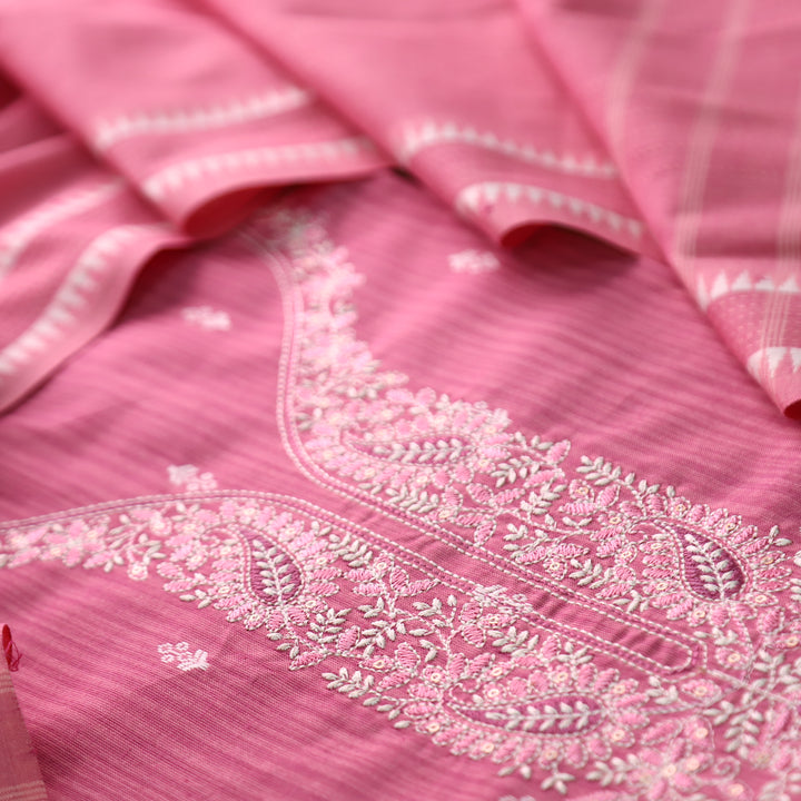 Adaa Flamingo Pink Yellow Embroidered Neck Handloom Cotton Set