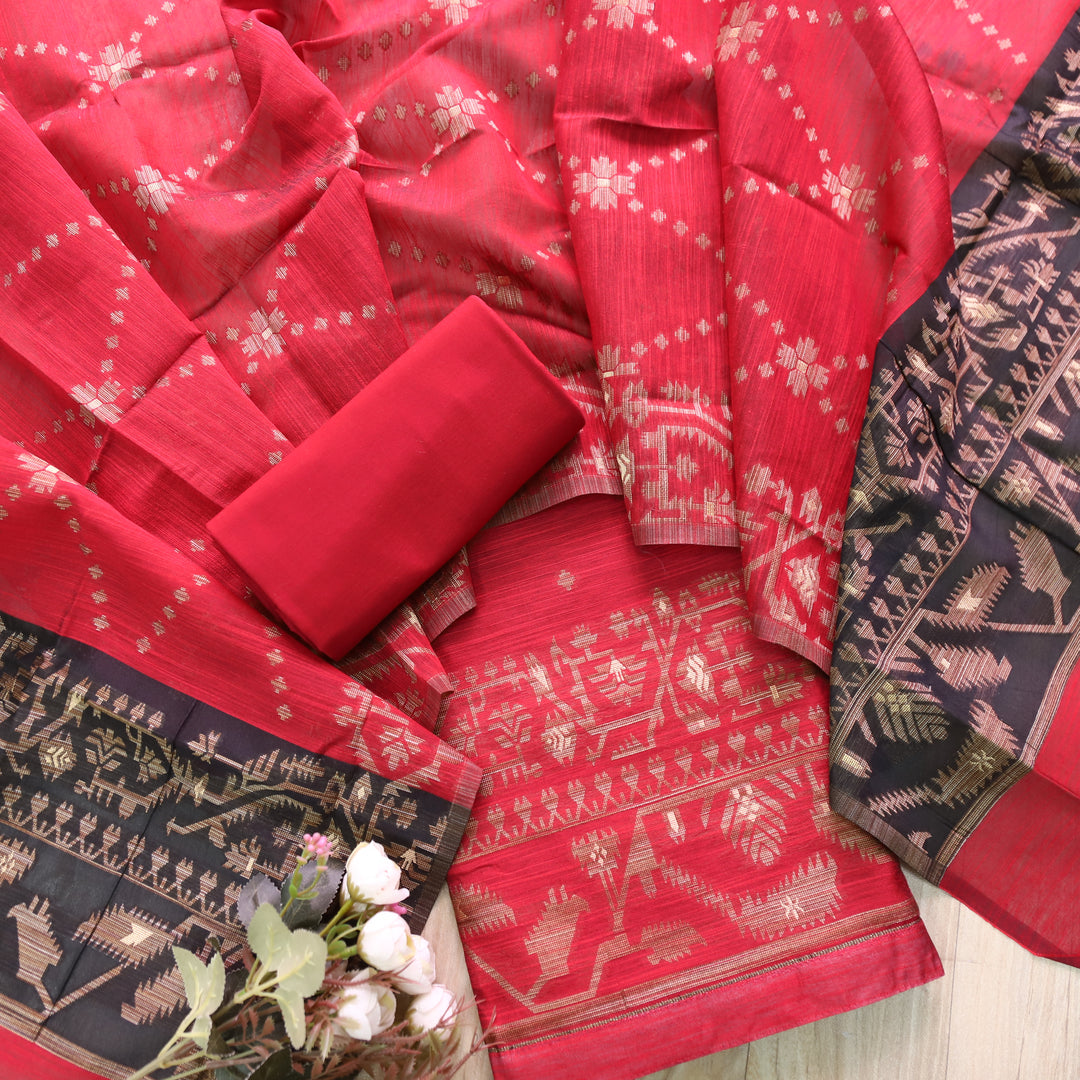 Jannat Rani Red in Zari with Authentic Jamdani Top and Dupatta Suit Set