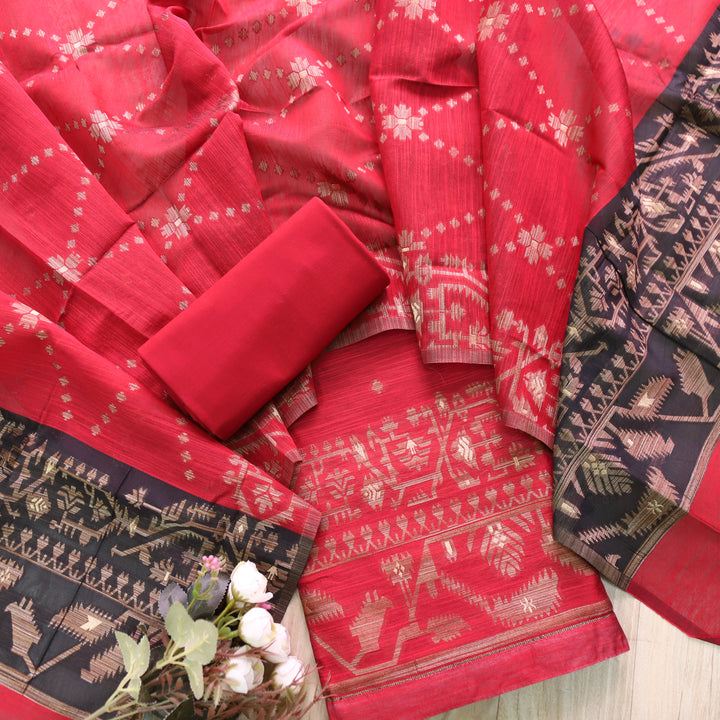 Jannat Rani Red in Zari with Authentic Jamdani Top and Dupatta Suit Set