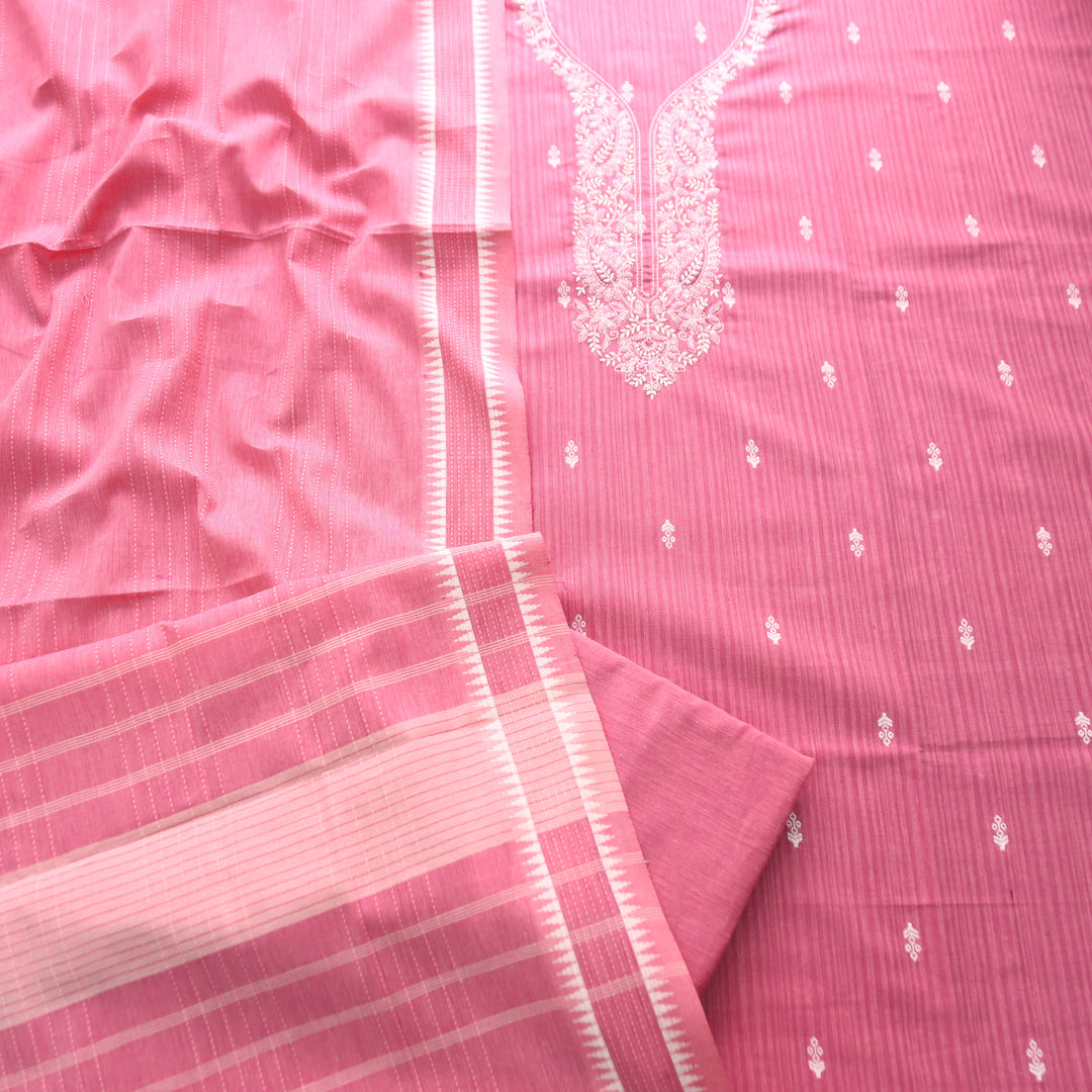 Adaa Flamingo Pink Yellow Embroidered Neck Handloom Cotton Set