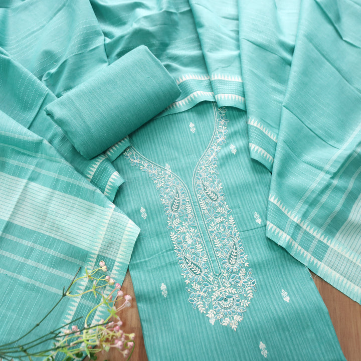 Adaa Turquoise Aqua Embroidered Neck Handloom Cotton Set