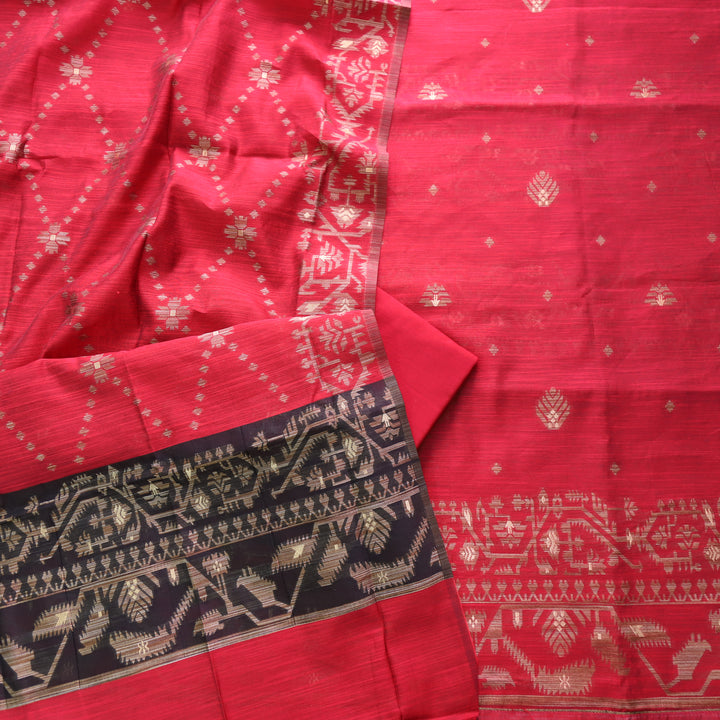 Jannat Rani Red in Zari with Authentic Jamdani Top and Dupatta Suit Set