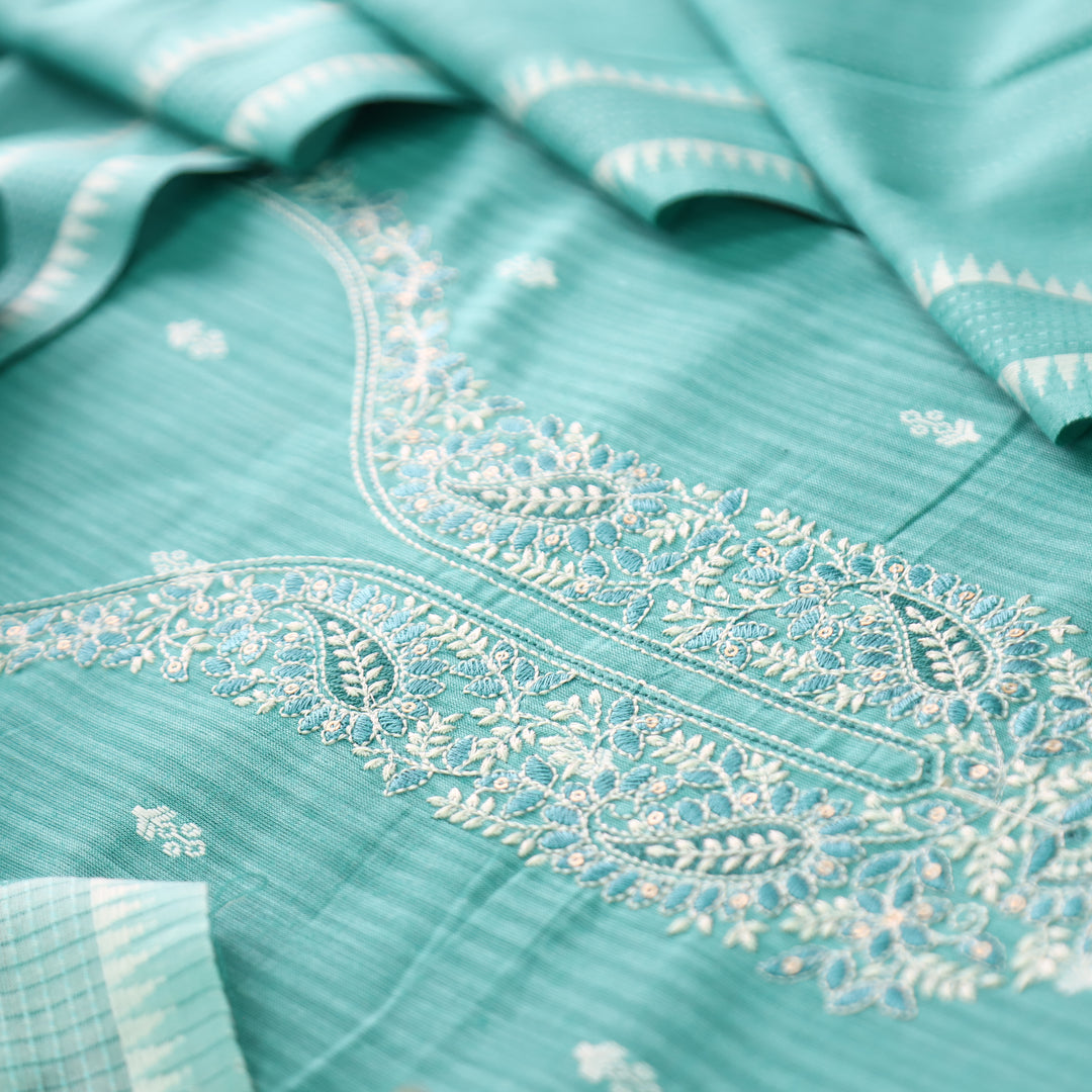 Adaa Turquoise Aqua Embroidered Neck Handloom Cotton Set