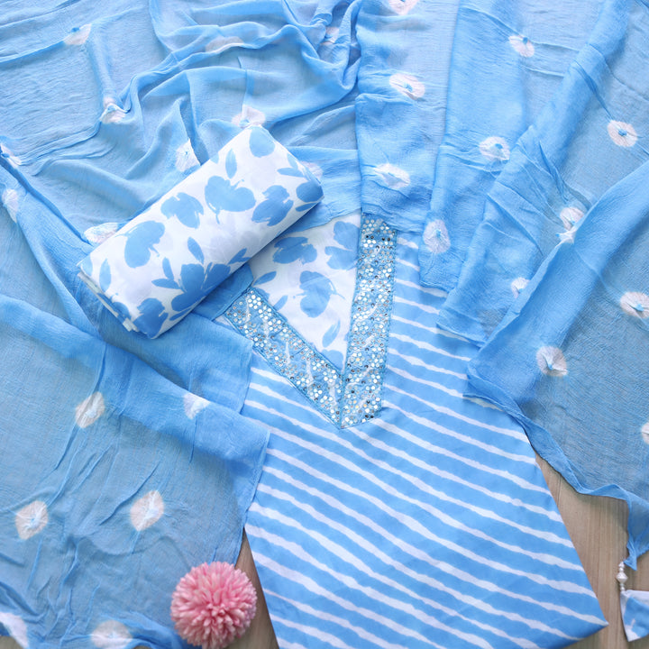 Rahi Sky Blue V Neck Embellish Lace Work In leheriya Print Cotton Suit Set