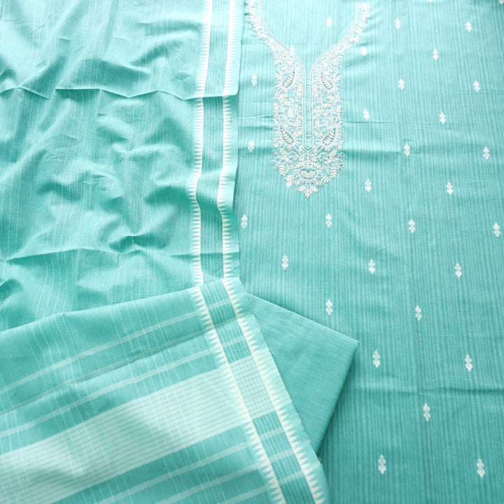 Adaa Turquoise Aqua Embroidered Neck Handloom Cotton Set