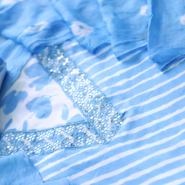 Rahi Sky Blue V Neck Embellish Lace Work In leheriya Print Cotton Suit Set