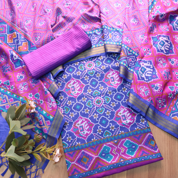 Pravi Blue All Over Patola Shadow Printed Work Muslin Silk Set