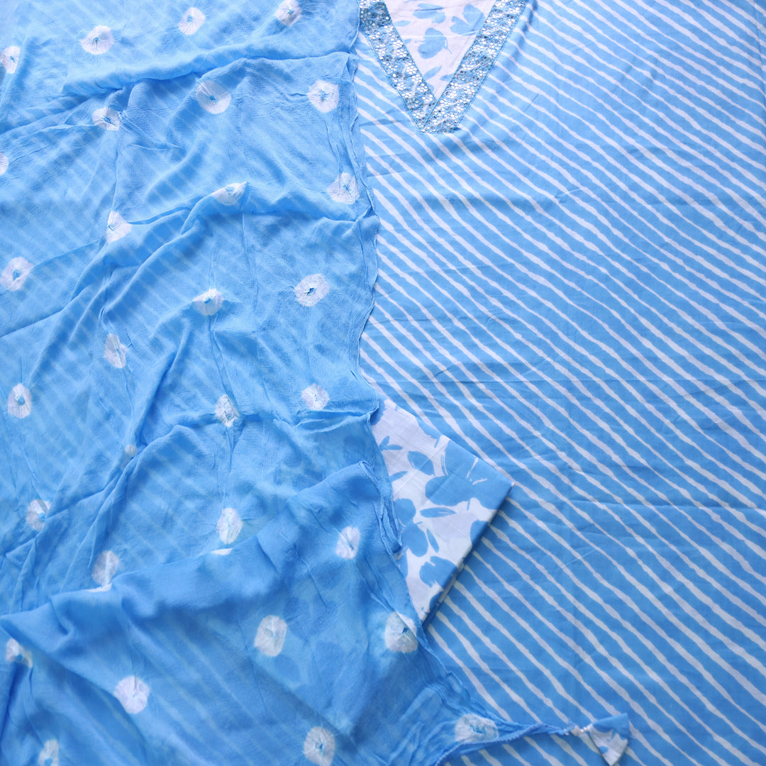 Rahi Sky Blue V Neck Embellish Lace Work In leheriya Print Cotton Suit Set