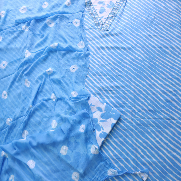 Rahi Sky Blue V Neck Embellish Lace Work In leheriya Print Cotton Suit Set