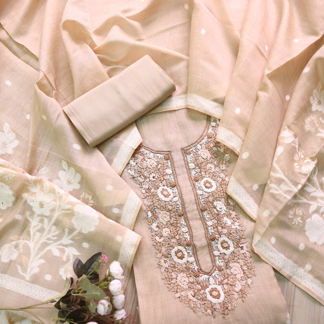 Surya Sand Beige Thread Neck Work Jamdani Weaved Suit Set