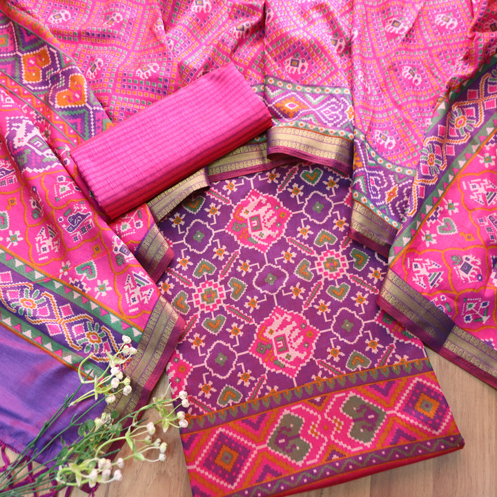 Pravi Purple All Over Patola Shadow Printed Work Muslin Silk Set
