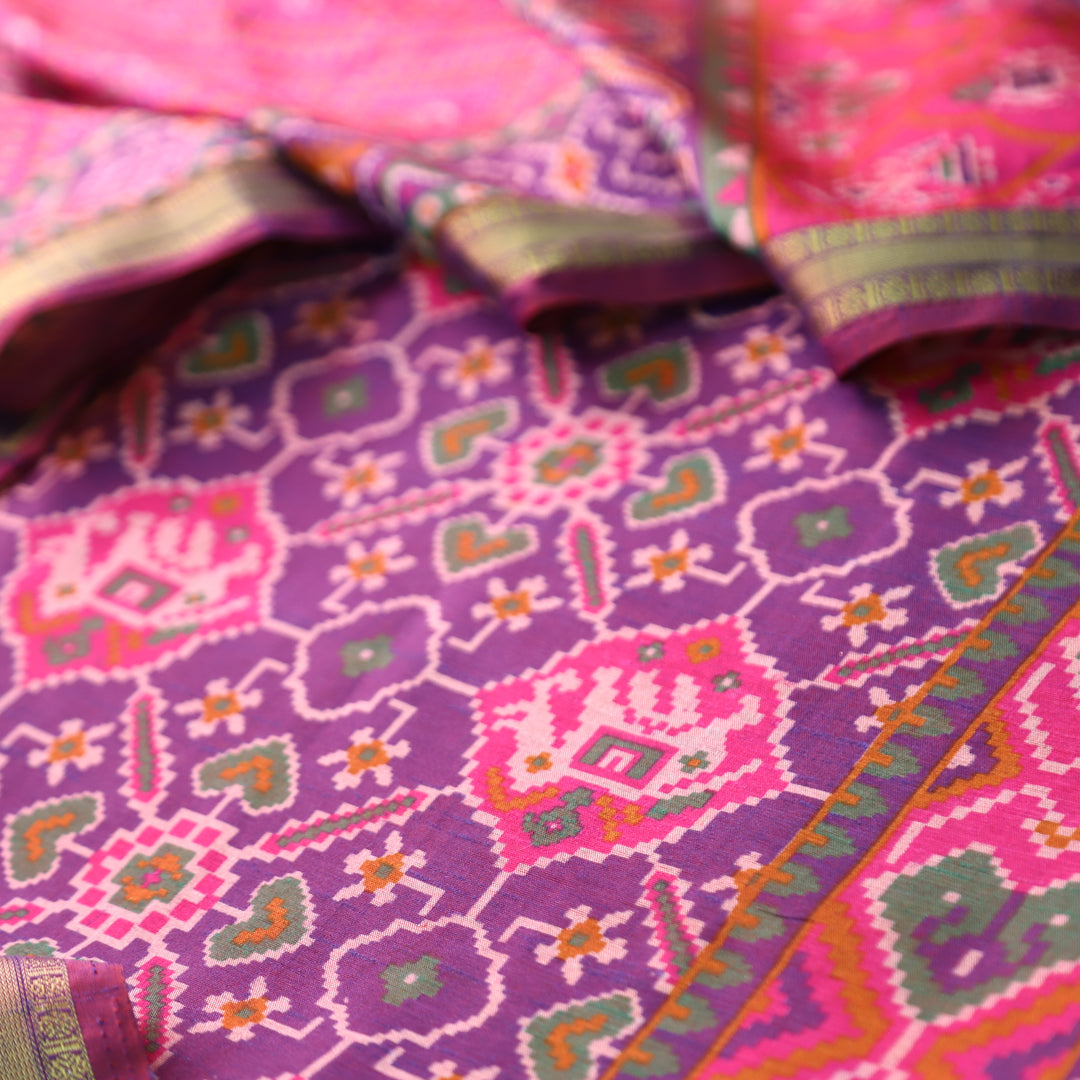 Pravi Purple All Over Patola Shadow Printed Work Muslin Silk Set
