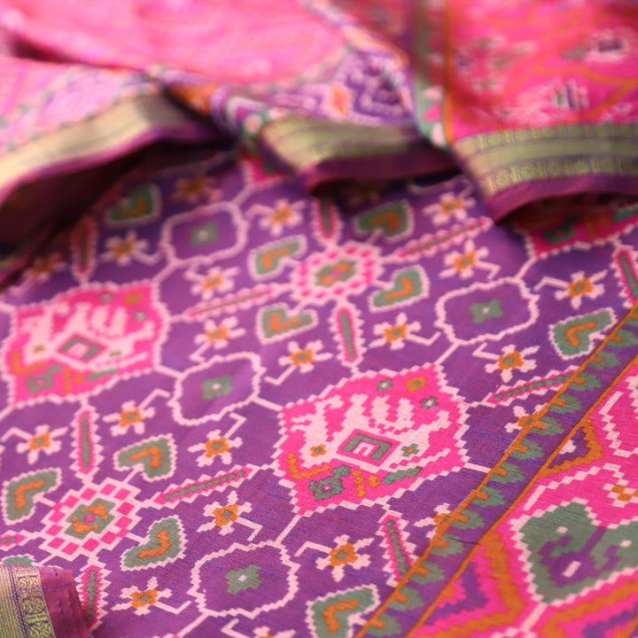 Pravi Purple All Over Patola Shadow Printed Work Muslin Silk Set